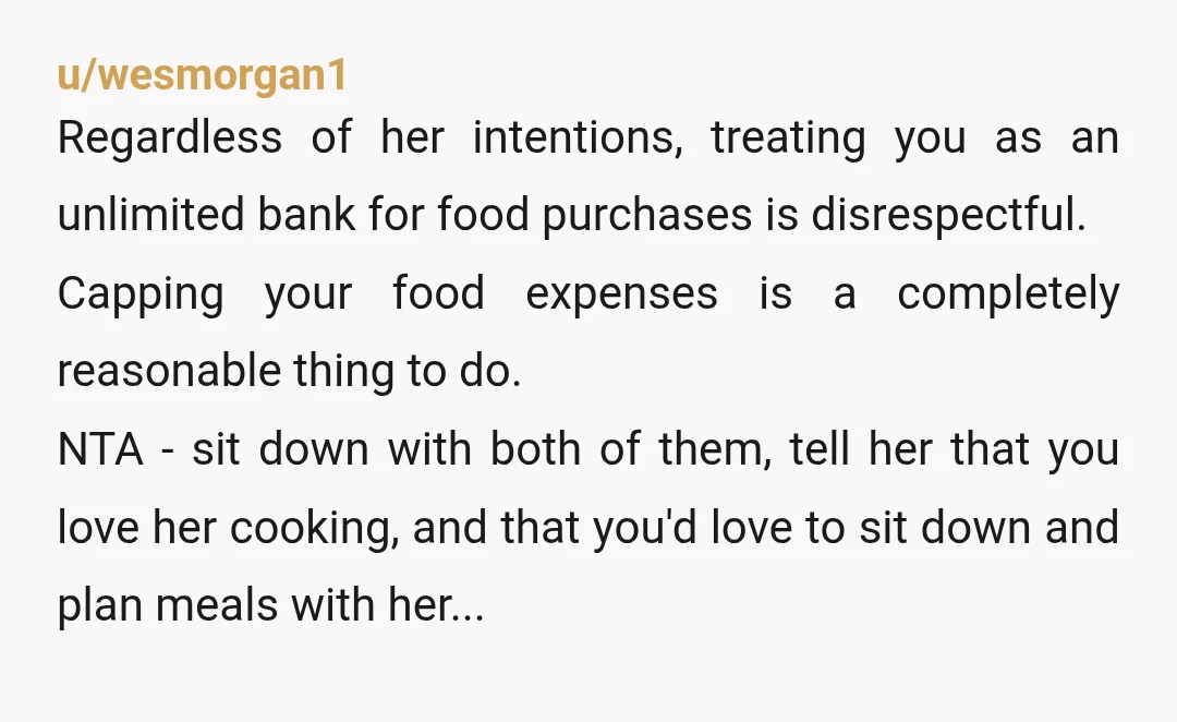 u/wesmorgan1 Regardless of her intentions, treating you as an unlimited bank for food purchases is disrespectful. Capping your food expenses is a completely reasonable thing to do. NTA - sit...