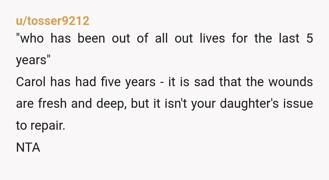 u/tosser9212 "who has been out of all out lives for the last 5 years" Carol has had five years - it is sad that the wounds are fresh and deep,...
