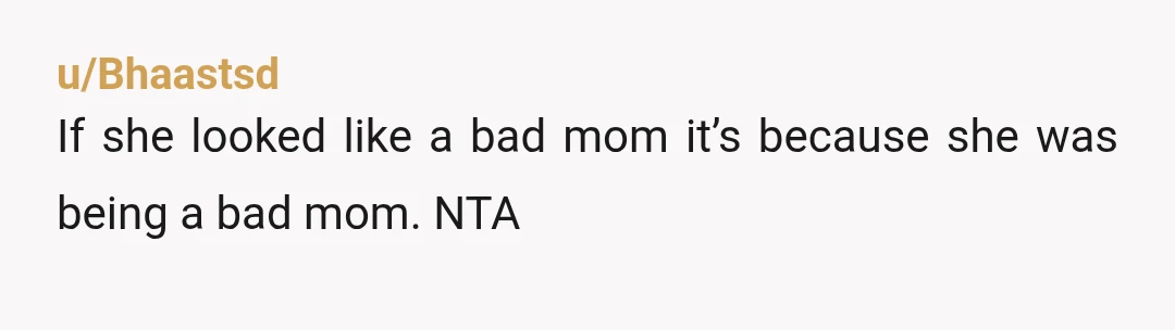 u/Bhaastsd If she looked like a bad mom it’s because she was being a bad mom. NTA