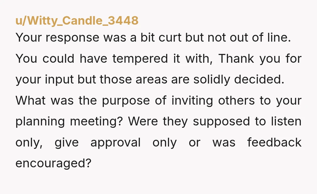 u/Witty_Candle_3448 Your response was a bit curt but not out of line. You could have tempered it with, Thank you for your input but those areas are solidly decided. What...