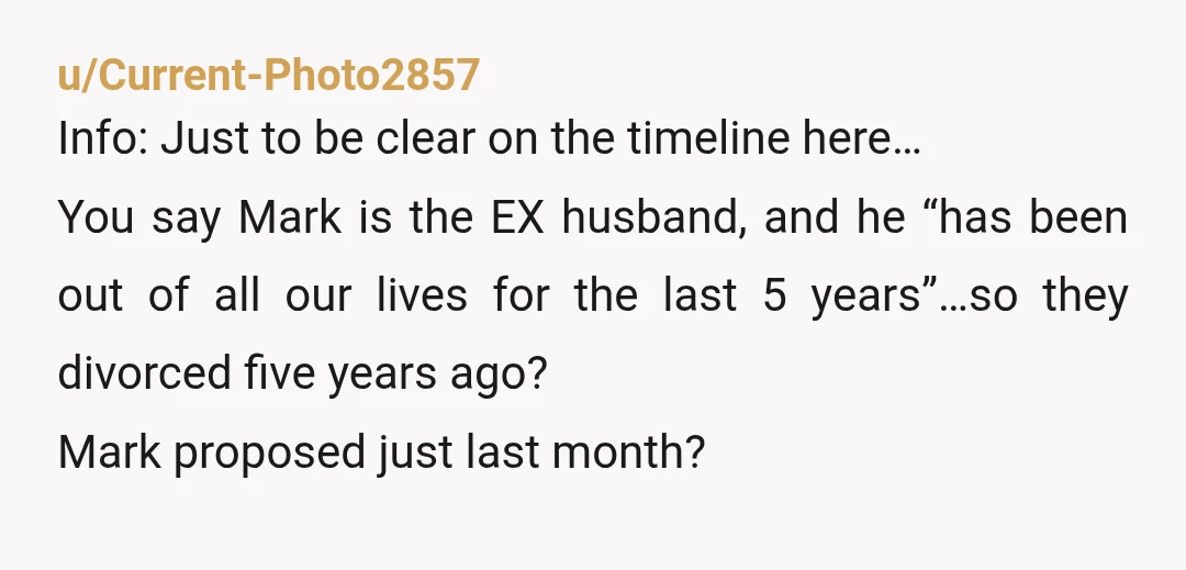 u/Current-Photo2857 Info: Just to be clear on the timeline here… You say Mark is the EX husband, and he “has been out of all our lives for the last 5...