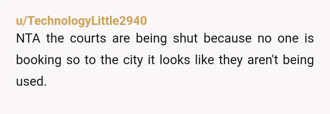 u/TechnologyLittle2940
NTA the courts are being shut because no one is booking so to the city it looks like they aren't being used.