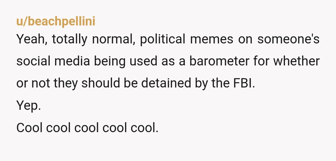 u/beachpellini Yeah, totally normal, political memes on someone's social media being used as a barometer for whether or not they should be detained by the FBI. Yep. Cool cool cool...