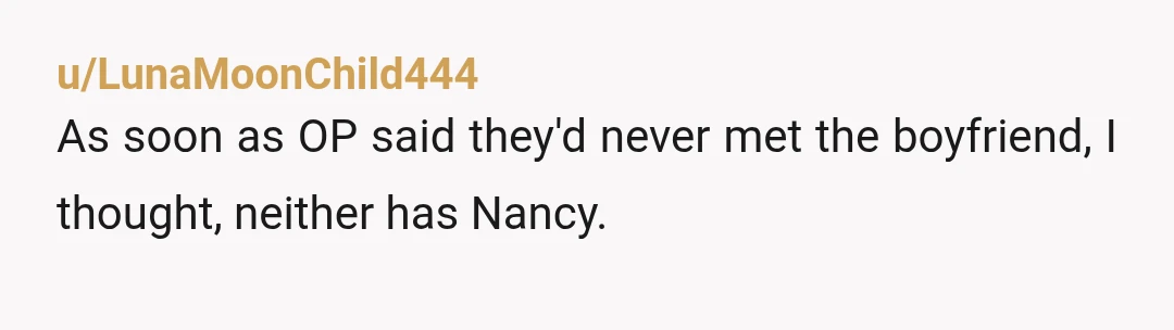 u/LunaMoonChild444 As soon as OP said they'd never met the boyfriend, I thought, neither has Nancy.
