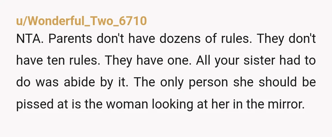 u/Wonderful_Two_6710 NTA. Parents don't have dozens of rules. They don't have ten rules. They have one. All your sister had to do was abide by it. The only person she...