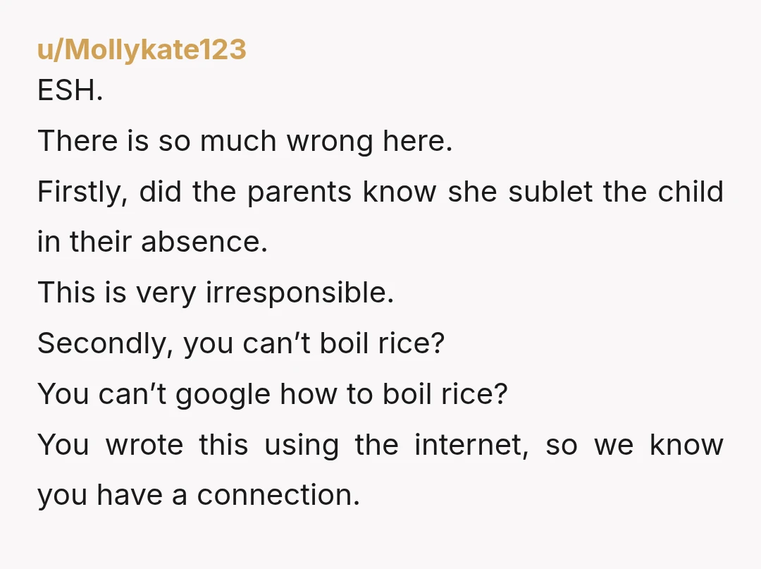 u/Mollykate123 ESH. There is so much wrong here. Firstly, did the parents know she sublet the child in their absence. This is very irresponsible. Secondly, you can’t boil rice? You...