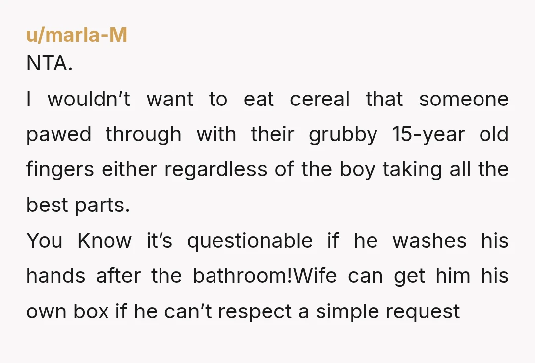 u/marla-M NTA. I wouldn’t want to eat cereal that someone pawed through with their grubby 15-year old fingers either regardless of the boy taking all the best parts. You Know...