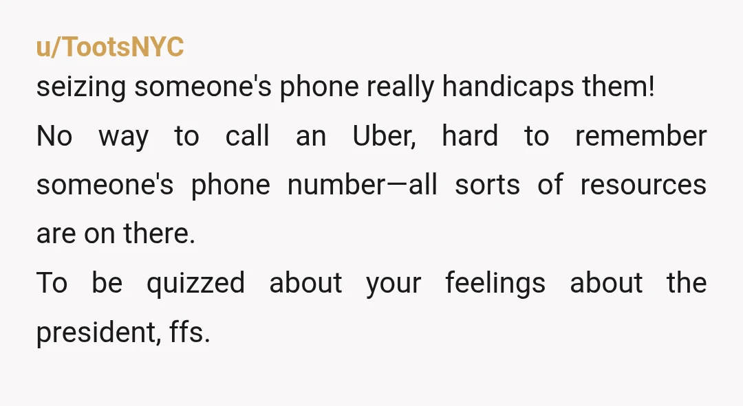 u/TootsNYC seizing someone's phone really handicaps them! No way to call an Uber, hard to remember someone's phone number—all sorts of resources are on there. To be quizzed about your...