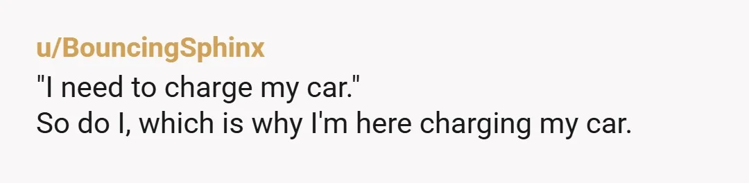 u/BouncingSphinx
"I need to charge my car."
So do I, which is why I'm here charging my car.