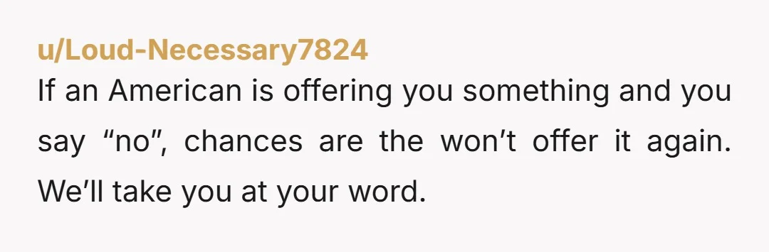 u/Loud-Necessary7824
If an American is offering you something and you say “no”, chances are the won’t offer it again. We’ll take you at your word.