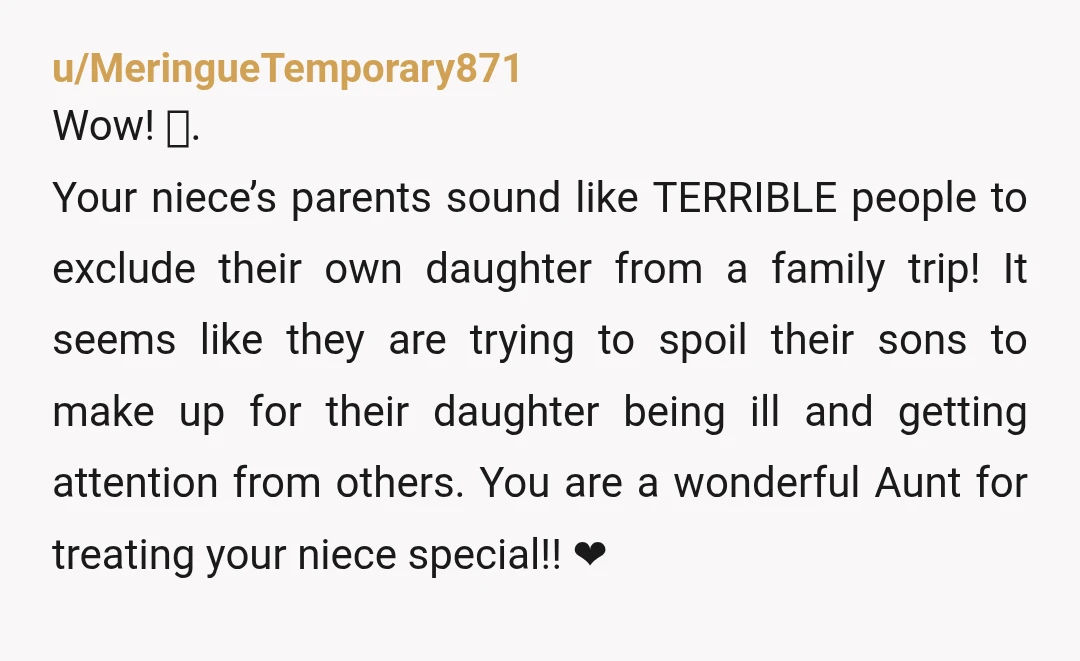 u/MeringueTemporary871 Wow! 🥺. Your niece’s parents sound like TERRIBLE people to exclude their own daughter from a family trip! It seems like they are trying to spoil their sons to...