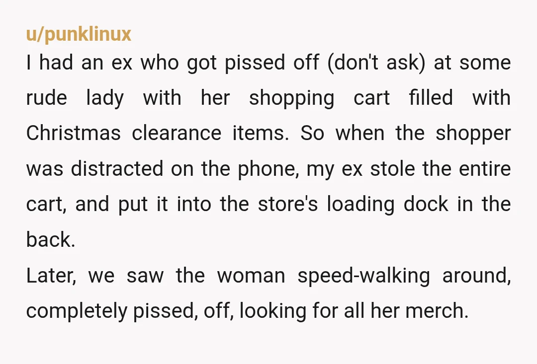 u/punklinux I had an ex who got pissed off (don't ask) at some rude lady with her shopping cart filled with Christmas clearance items. So when the shopper was distracted...