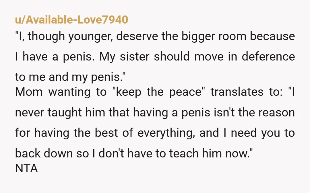 u/Available-Love7940 "I, though younger, deserve the bigger room because I have a penis. My sister should move in deference to me and my penis." Mom wanting to "keep the peace"...