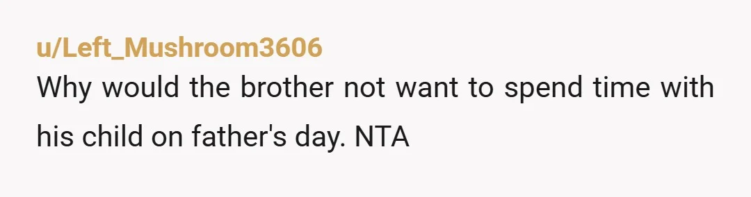 u/Left_Mushroom3606
Why would the brother not want to spend time with his child on father's day. NTA