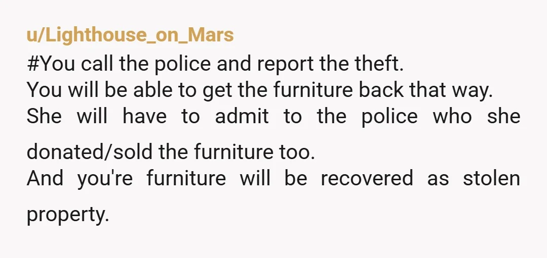 u/Lighthouse_on_Mars #You call the police and report the theft. You will be able to get the furniture back that way. She will have to admit to the police who she...