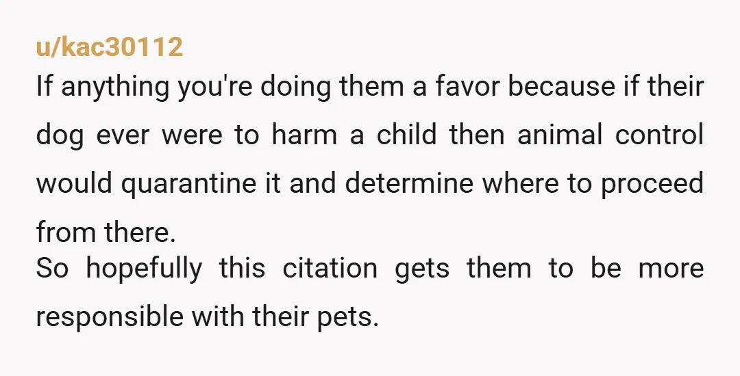 u/kac30112 If anything you're doing them a favor because if their dog ever were to harm a child then animal control would quarantine it and determine where to proceed from...