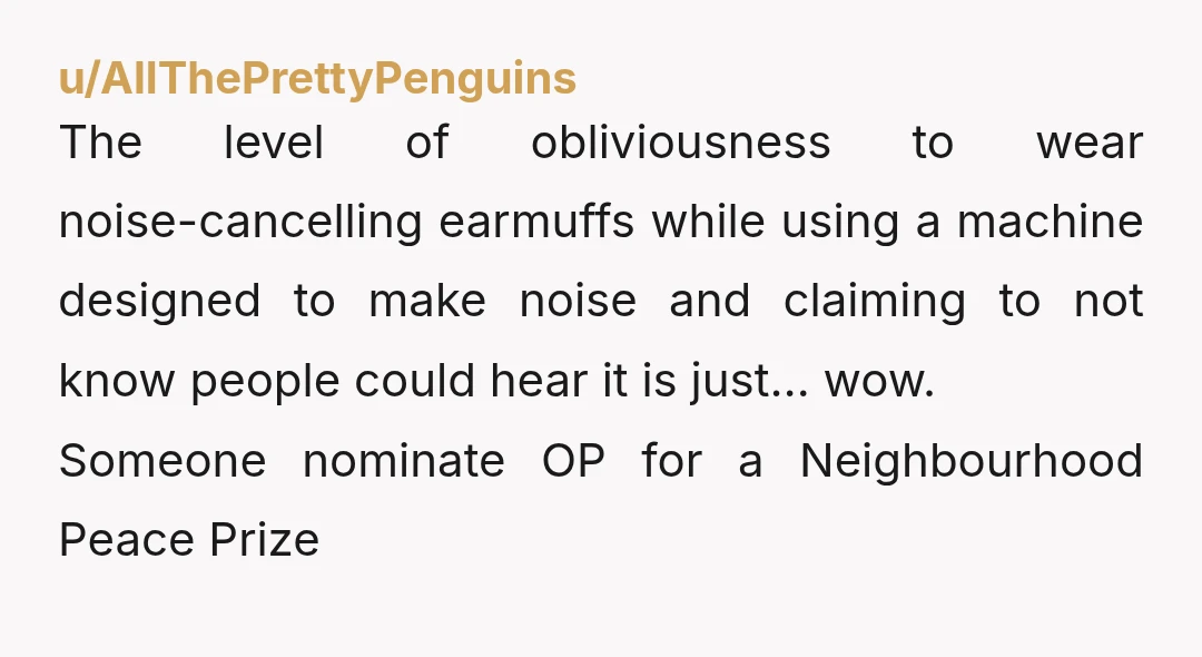 u/AllThePrettyPenguins The level of obliviousness to wear noise-cancelling earmuffs while using a machine designed to make noise and claiming to not know people could hear it is just… wow. Someone...