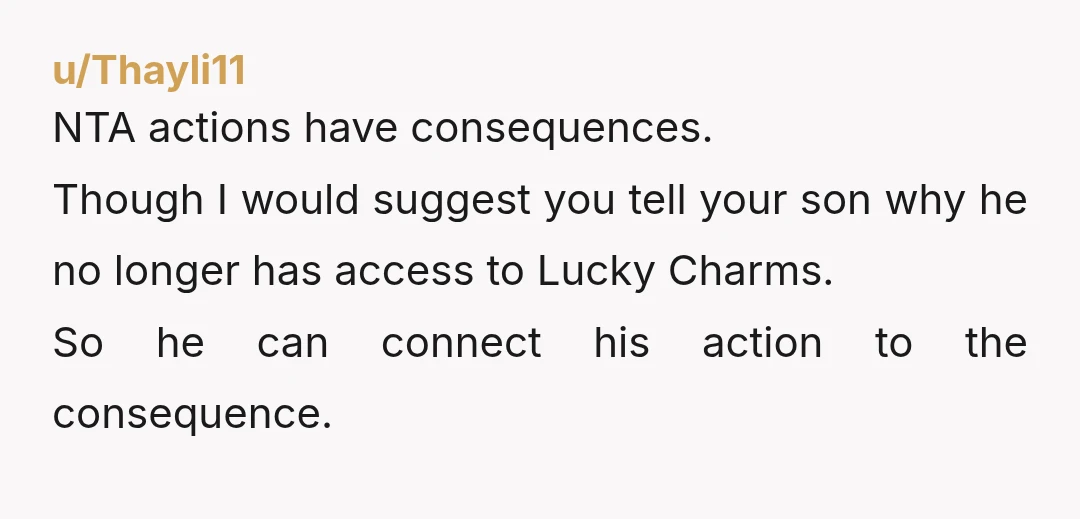 u/Thayli11 NTA actions have consequences. Though I would suggest you tell your son why he no longer has access to Lucky Charms. So he can connect his action to the...