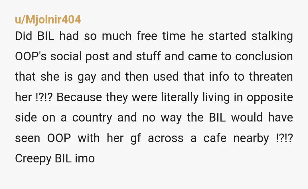 u/Mjolnir404 Did BIL had so much free time he started stalking OOP's social post and stuff and came to conclusion that she is gay and then used that info to...