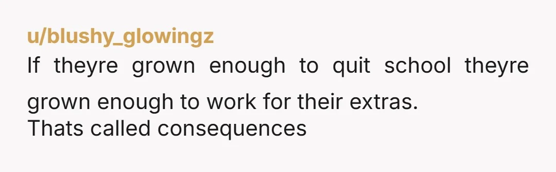 u/blushy_glowingz If theyre grown enough to quit school theyre grown enough to work for their extras. Thats called consequences
