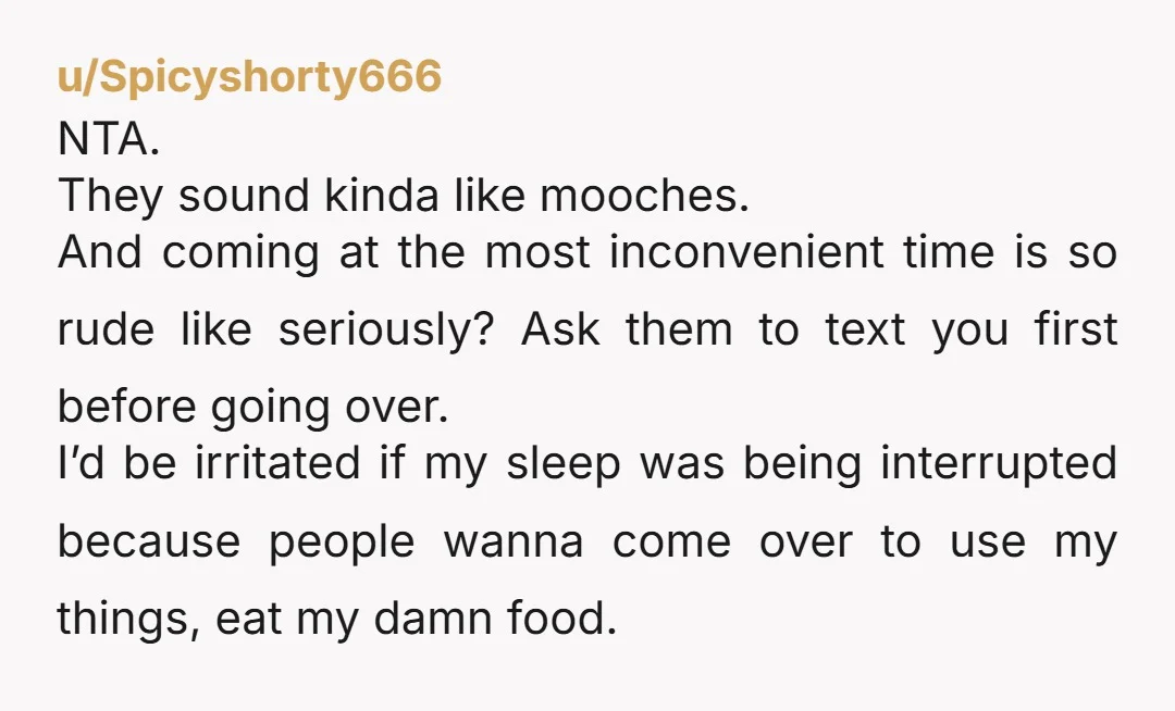 u/Spicyshorty666 NTA. They sound kinda like mooches. And coming at the most inconvenient time is so rude like seriously? Ask them to text you first before going over. I’d be...