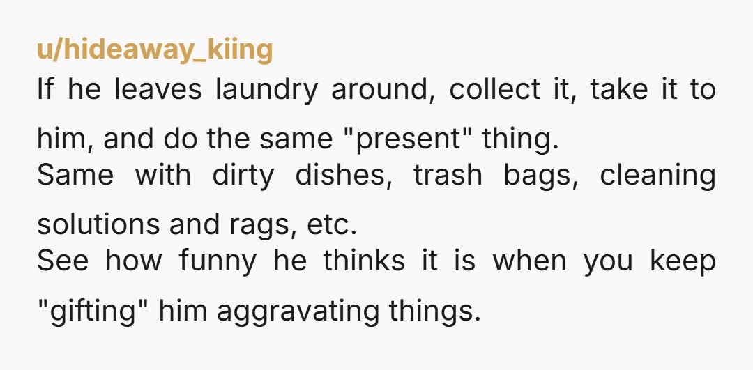 u/hideaway_kiing If he leaves laundry around, collect it, take it to him, and do the same "present" thing. Same with dirty dishes, trash bags, cleaning solutions and rags, etc. See...