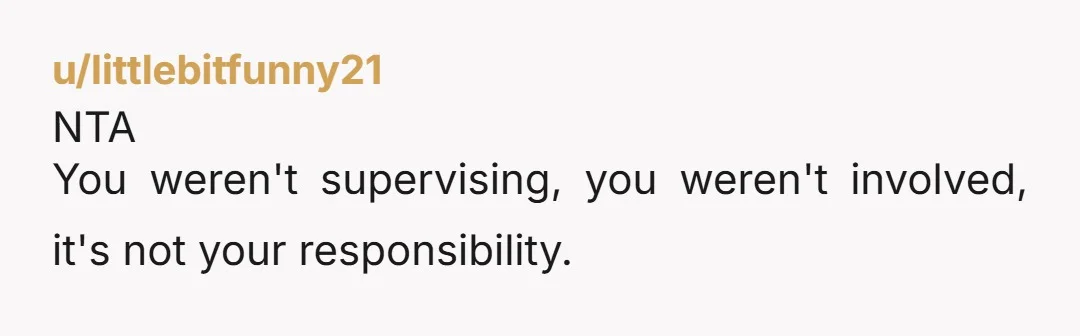 u/littlebitfunny21
NTA
You weren't supervising, you weren't involved, it's not your responsibility.Â