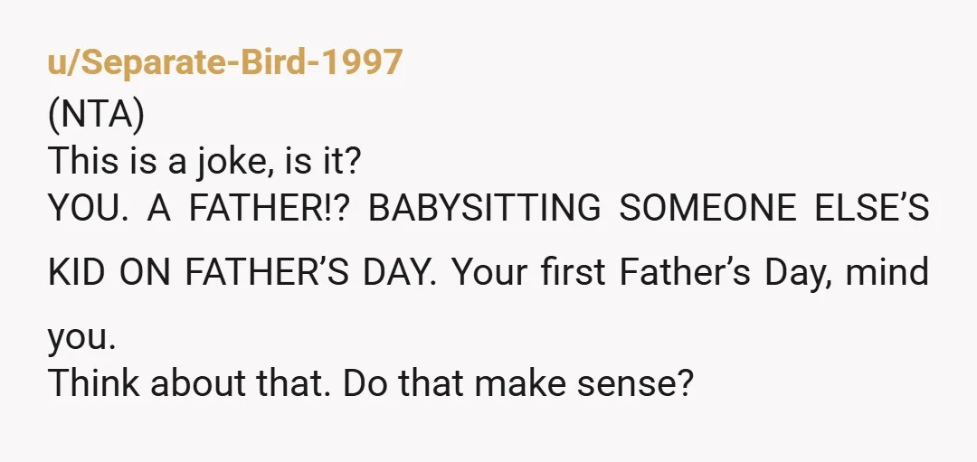 u/Separate-Bird-1997 (NTA) This is a joke, is it? YOU. A FATHER!? BABYSITTING SOMEONE ELSE’S KID ON FATHER’S DAY. Your first Father’s Day, mind you. Think about that. Do that make...