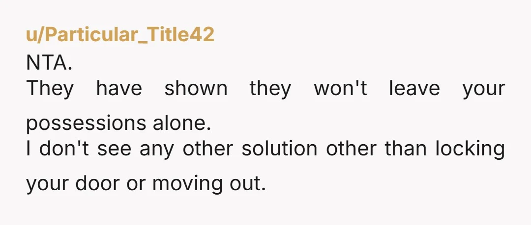 u/Particular_Title42 NTA. They have shown they won't leave your possessions alone. I don't see any other solution other than locking your door or moving out.