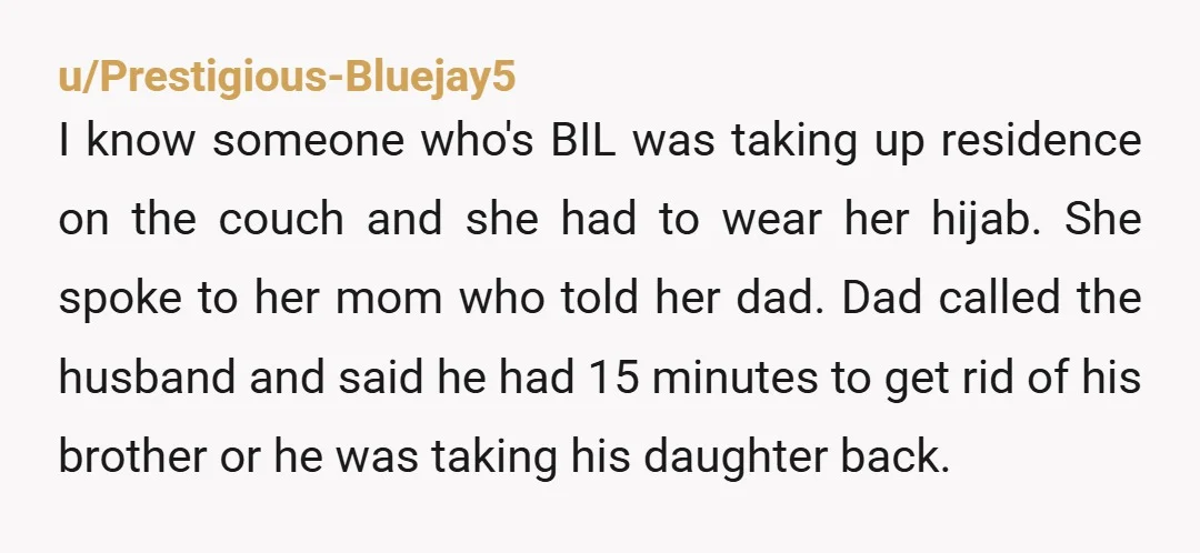 u/Prestigious-Bluejay5 I know someone who's BIL was taking up residence on the couch and she had to wear her hijab. She spoke to her mom who told her dad. Dad...