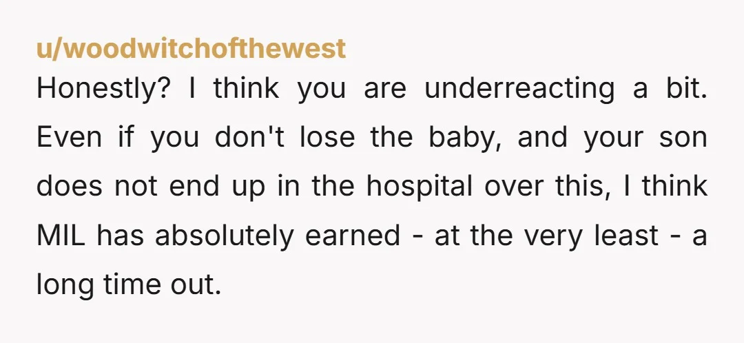 u/woodwitchofthewest Honestly? I think you are underreacting a bit. Even if you don't lose the baby, and your son does not end up in the hospital over this, I think...