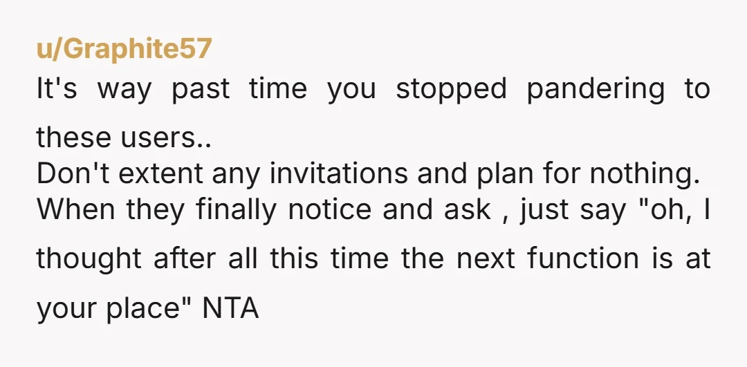 u/Graphite57 It's way past time you stopped pandering to these users.. Don't extent any invitations and plan for nothing. When they finally notice and ask , just say "oh, I...