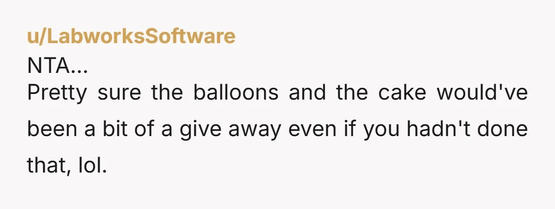 u/LabworksSoftware
NTA...
Pretty sure the balloons and the cake would've been a bit of a give away even if you hadn't done that, lol.