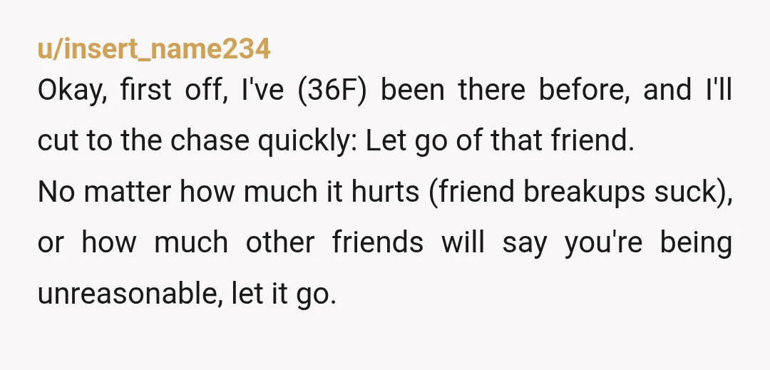 u/insert_name234 Okay, first off, I've (36F) been there before, and I'll cut to the chase quickly: Let go of that friend. No matter how much it hurts (friend breakups suck),...