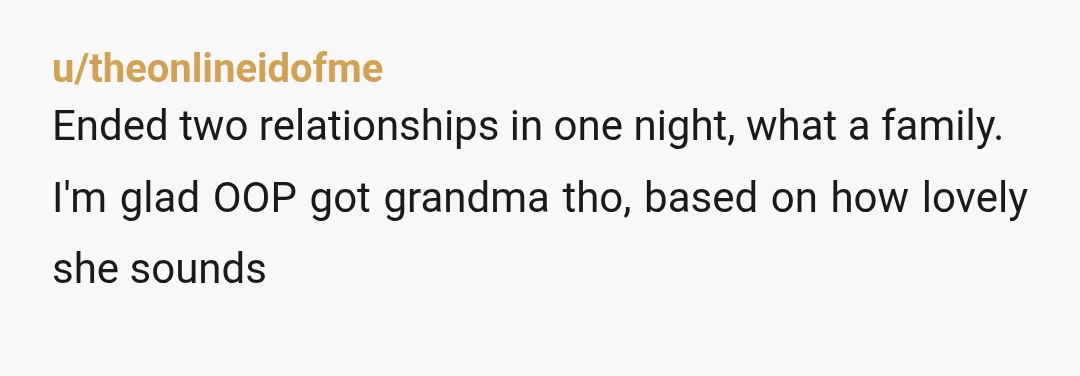 u/theonlineidofme
Ended two relationships in one night, what a family.
I'm glad OOP got grandma tho, based on how lovely she sounds