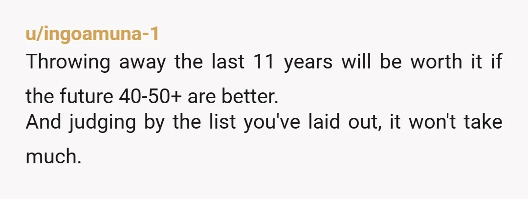u/ingoamuna-1 Throwing away the last 11 years will be worth it if the future 40-50+ are better. And judging by the list you've laid out, it won't take much.