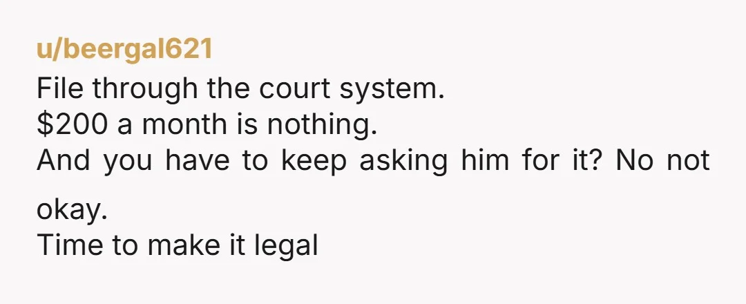 u/beergal621 File through the court system.  $200 a month is nothing. And you have to keep asking him for it? No not okay.  Time to make it legal 