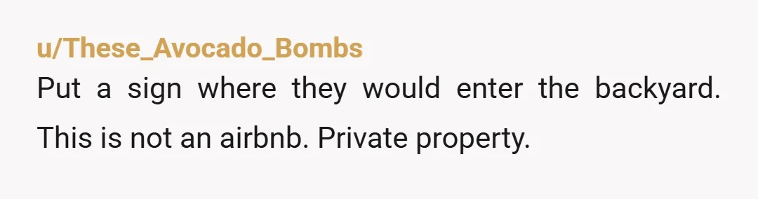 u/These_Avocado_Bombs
Put a sign where they would enter the backyard. This is not an airbnb. Private property.