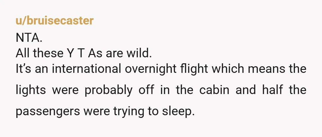 u/bruisecaster NTA. All these Y T As are wild. It’s an international overnight flight which means the lights were probably off in the cabin and half the passengers were trying...