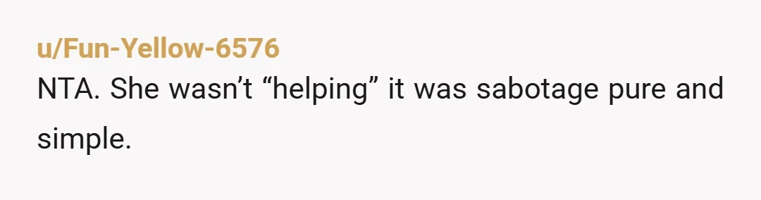 u/Fun-Yellow-6576
NTA. She wasn’t “helping” it was sabotage pure and simple.