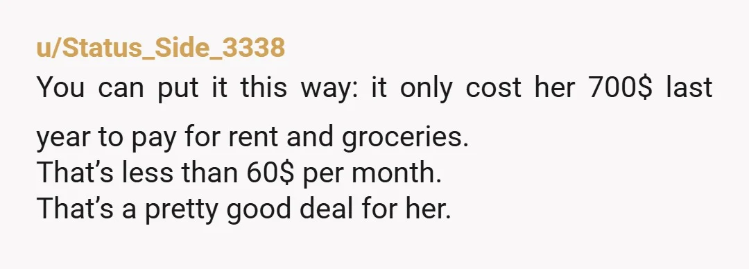 u/Status_Side_3338 You can put it this way: it only cost her 700$ last year to pay for rent and groceries. That’s less than 60$ per month. That’s a pretty good...