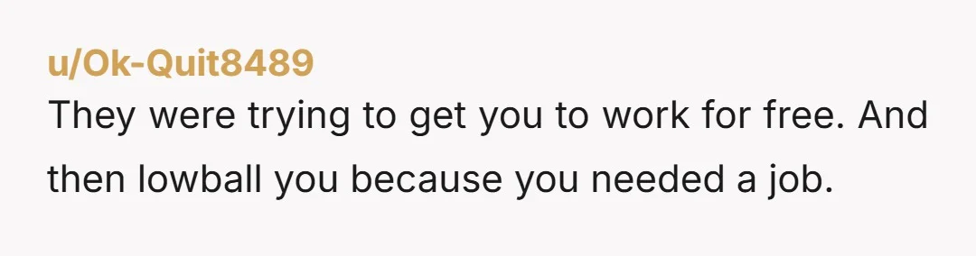 u/Ok-Quit8489
They were trying to get you to work for free.  And then lowball you because you needed a job.