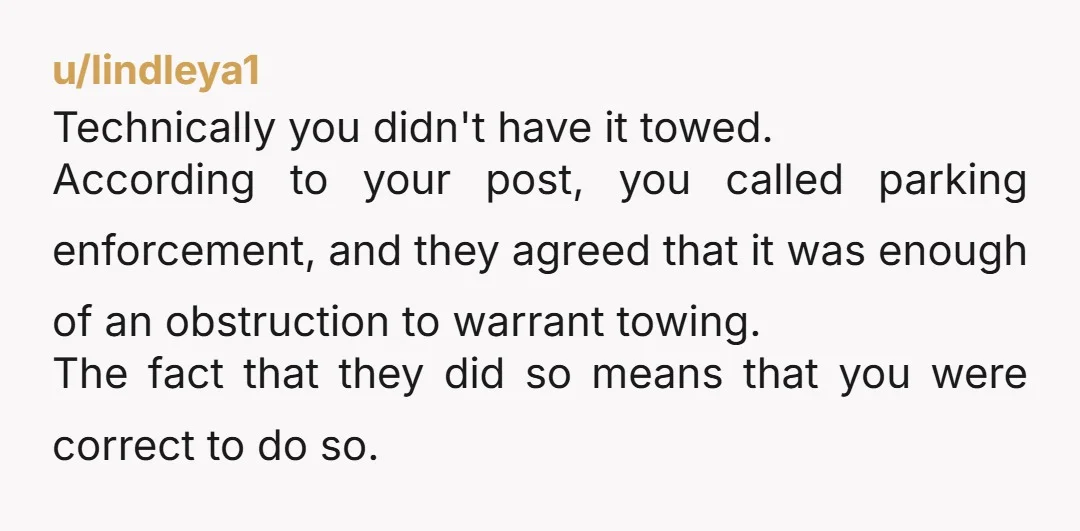 u/lindleya1 Technically you didn't have it towed. According to your post, you called parking enforcement, and they agreed that it was enough of an obstruction to warrant towing. The fact...