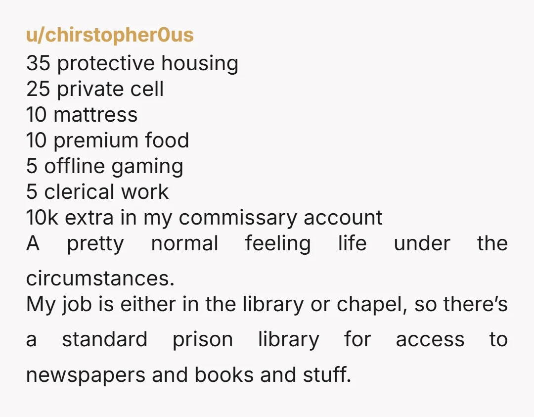 u/chirstopher0us 35 protective housing 25 private cell 10 mattress 10 premium food 5 offline gaming 5 clerical work 10k extra in my commissary account A pretty normal feeling life under...