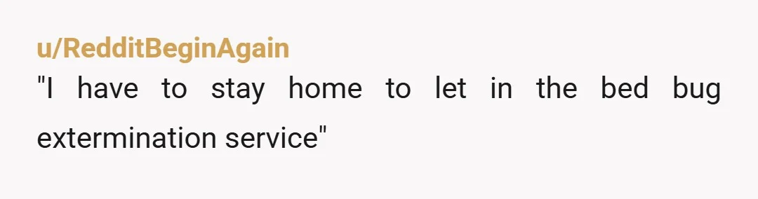 u/RedditBeginAgain "I have to stay home to let in the bed bug extermination service"