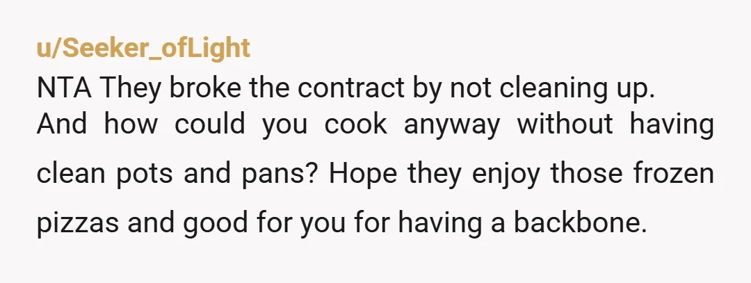 u/Seeker_ofLight NTA They broke the contract by not cleaning up. And how could you cook anyway without having clean pots and pans? Hope they enjoy those frozen pizzas and good...