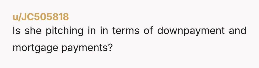 u/JC505818
Is she pitching in in terms of downpayment and mortgage payments?