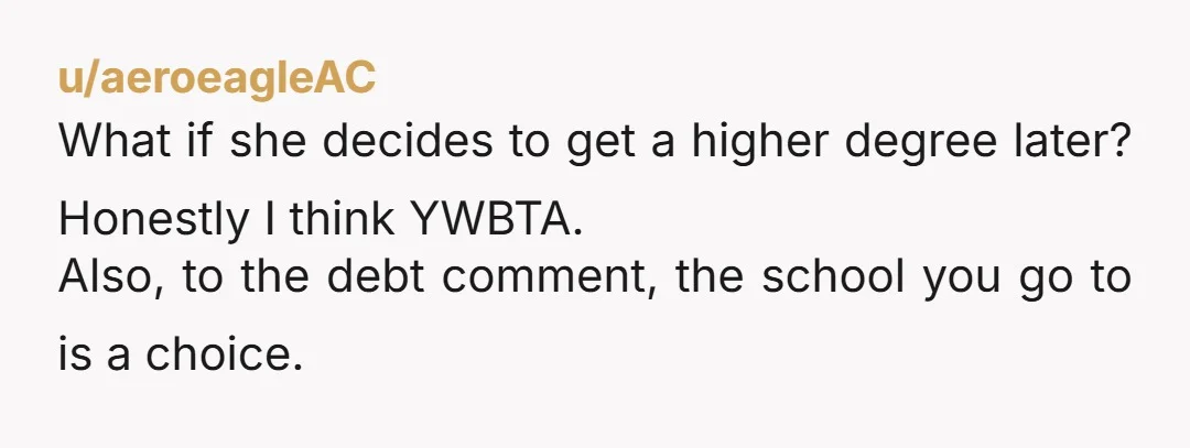 u/aeroeagleAC
What if she decides to get a higher degree later? Honestly I think YWBTA.
Also, to the debt comment, the school you go to is a choice.