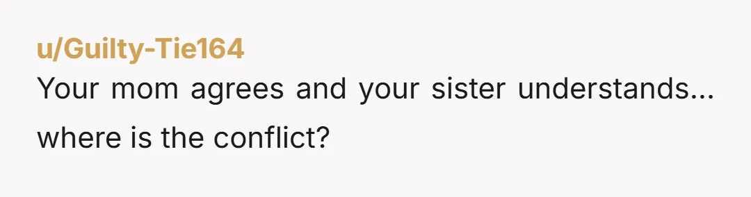 u/Guilty-Tie164
Your mom agrees and your sister understands... where is the conflict?