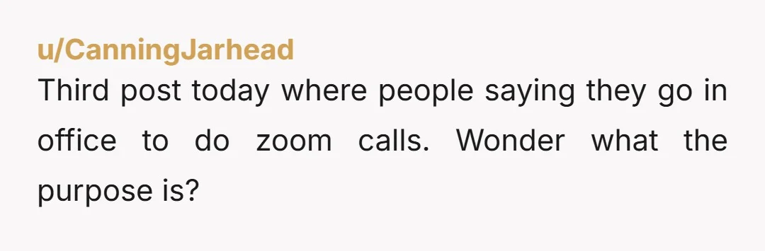 u/CanningJarhead
Third post today where people saying they go in office to do zoom calls.  Wonder what the purpose is?  